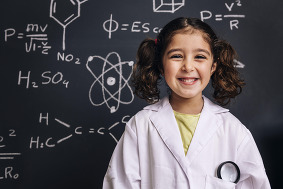 young girl in front of blackboard with science icons