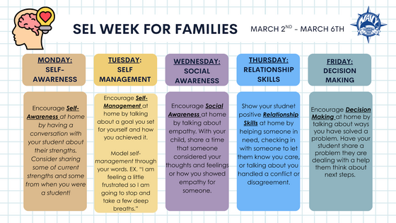 SEL Week for Families March 2-6 - All details in words below image