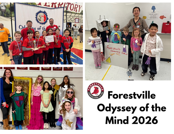 Three photos of Forestville ES students at Odyssey of the Mind. Top: Team with 1st place award. Middle & Bottom: Students in creative costumes.