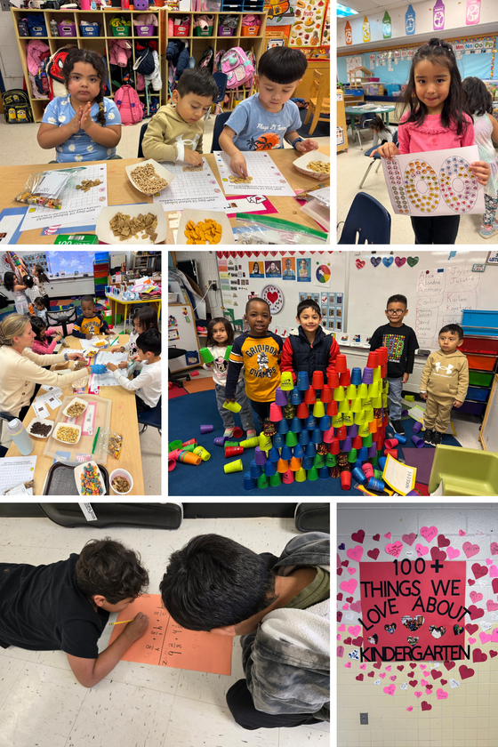 6 photos of students (Pre-K and 4th gr) using cups, food, colored paper to learn creative ways to learn math and celebrate the 100th day of school