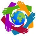 Interlocking rainbow arms encircling a globe