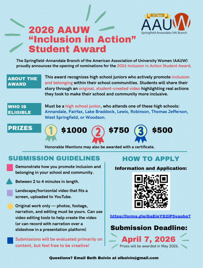 Springfield-Annandale Branch of AAUW: Student Inclusion Recognition Award 