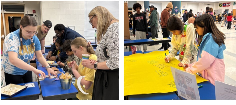Students making crafts and writing ideas on a display
