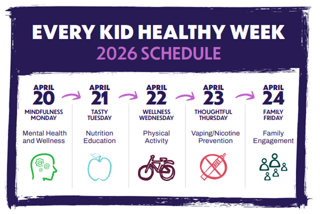 graphic with "Every Kid Healthy Week" and activities for April 20-24
