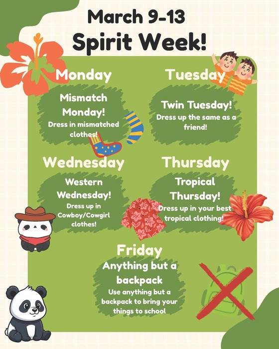 Poster for March 9-13 Spirit Week all informational text is included as plain text above.