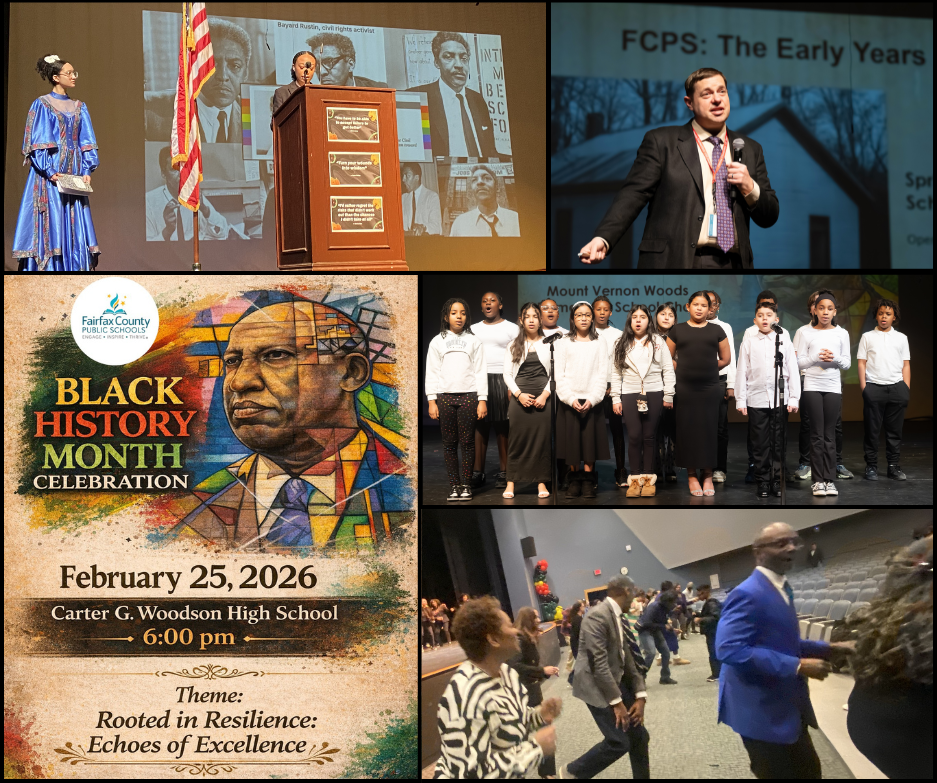 Collage of pictures from the Black History Month celebration showing student's performing, dancing, and speakers.