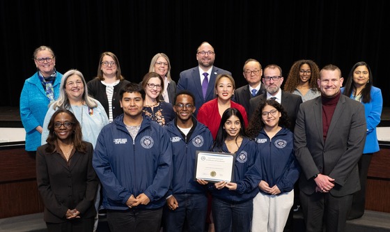 The School Board and Administrators with members of the Justice High School Wind Ensemble at the February 12, 2026 School Board Meeting