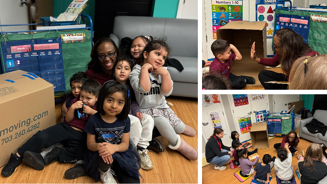 Dr. Anderson sitting on the floor reading to preschool children