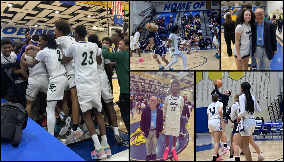 Basketball players celebrating after a winning shot, players during the game