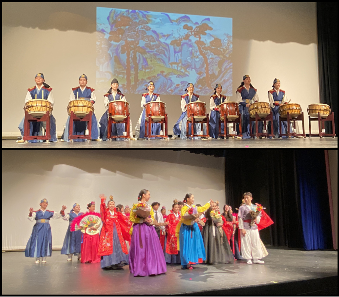 Dancers and drummers performing in traditional Korean costume