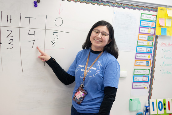 teacher pointing on the whiteboard
