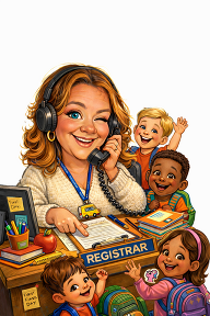 Ms. Brownlee registering students at a desk