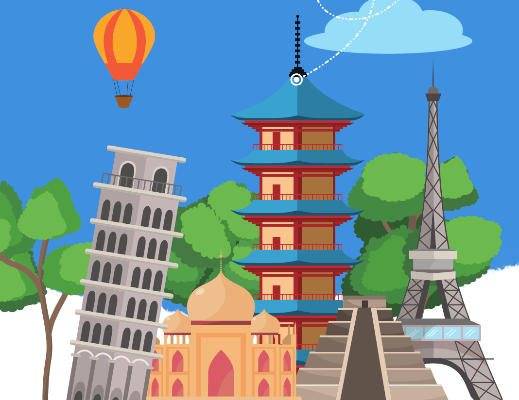 Image of hot air balloon, Leaning Tower of Pisa, Eiffel Tower and Asian buildings.  Read text below image for description of Heritage night