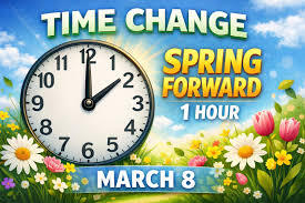 Spring forward by moving your clocks ahead by 1 hour on Sunday, March 8th.