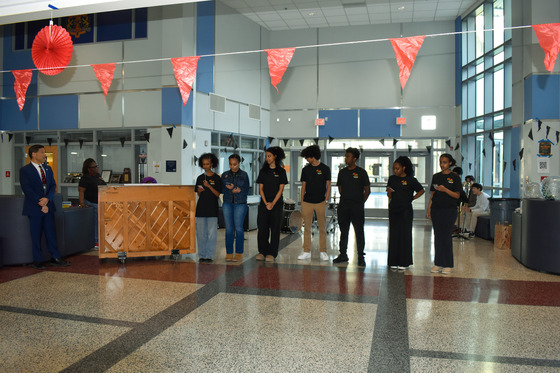 Black Student Union leaders addressing crowd at TJ's Black History Month celebration