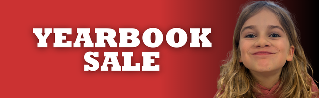Girl smiling on red and black gradient background with 'YEARBOOK SALE' in white writing