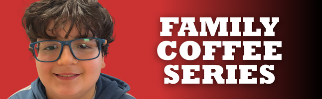 Boy smiling on red and black gradient background with 'FAMILY COFFEE SERIES' in white writing