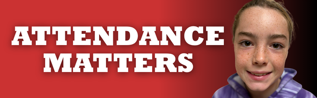 girl smiling on red and black gradient background with 'ATTENDANCE MATTERS' in white writing
