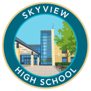 graphic of the building's door 1 image from the front sidewalk with wording Skyview High School 