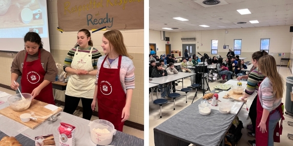 Two photos, one with students in red aprons helping demonstrate baking, another of the class watching on.