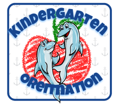 Blue "Kindergarten Orientation" text arching over two smiling dolphins in front of a red crayon-textured apple.