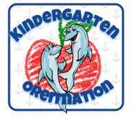 Blue "Kindergarten Orientation" text arching over two smiling dolphins in front of a red crayon-textured apple.