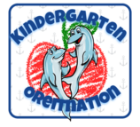 Blue "Kindergarten Orientation" text arching over two smiling dolphins in front of a red crayon-textured apple.