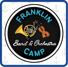 Circular logo for Franklin Band & Orchestra Camp featuring a French horn, clarinet, and violin on a black background.