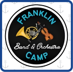 Circular logo for Franklin Band & Orchestra Camp featuring a French horn, clarinet, and violin on a black background.