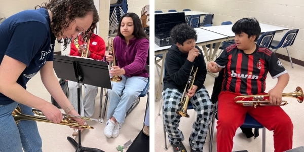 Two photos.  One of a band teacher fixing the valvues on a trumpet and another of two students warming up.