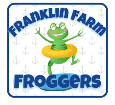 Happy green frog with a yellow inner tube jumping over water below "Franklin Farm Froggers" text.