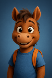 A cartoon horse with a backpack on a blue background