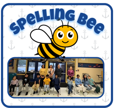 Spelling Bee banner featuring a smiling cartoon bee over a group photo of student participants and staff.