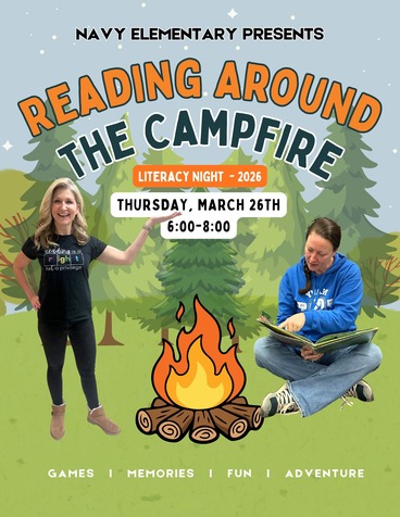 Literacy Night flyer with two teachers by a campfire illustration, titled "Reading Around the Campfire."