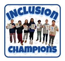Seven students standing in a row holding "Inclusion Champions" certificates and lanyards under bold blue text.