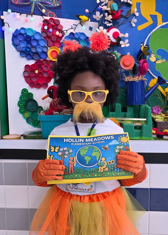 A student dressed as the Lorax holding a picture of the HMES Earth Day mural.