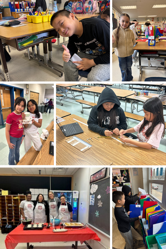 Collage of 6 photos: 3 are of students organizing, 1 of 4 admin with pancakes, 2 of students working on science project