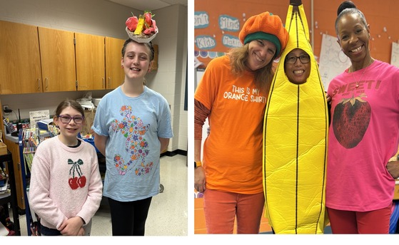 Students and staff members wearing fruit outfits