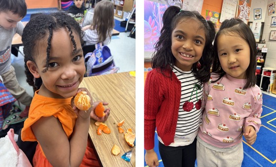 A student wearing orange eating and orange and students with fruit on their clothes