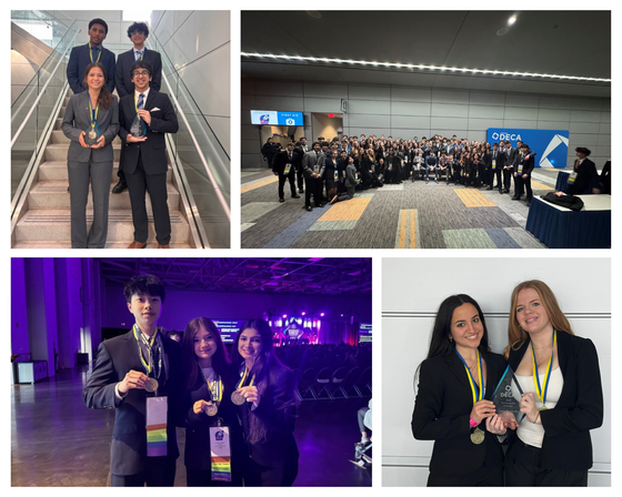 A collage of four photos showing high school students in suits with trophies and medals at a DECA conference