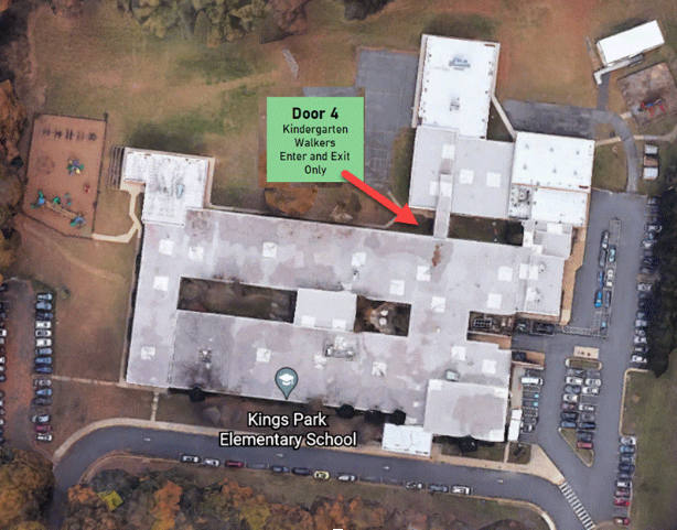 Birds eye view of Kings Park Elementary with Door 4 labeled