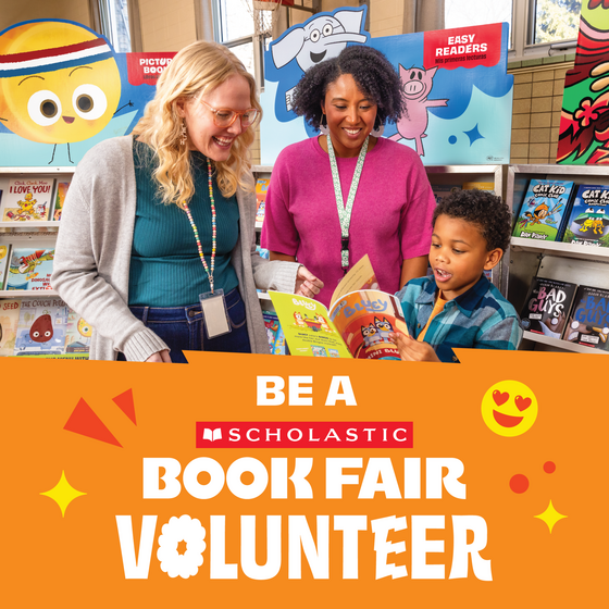 Two smiling women and a young boy look at a Bluey book together at a Scholastic Book Fair. Text: Be a Scholastic Book Fair Volunteer.