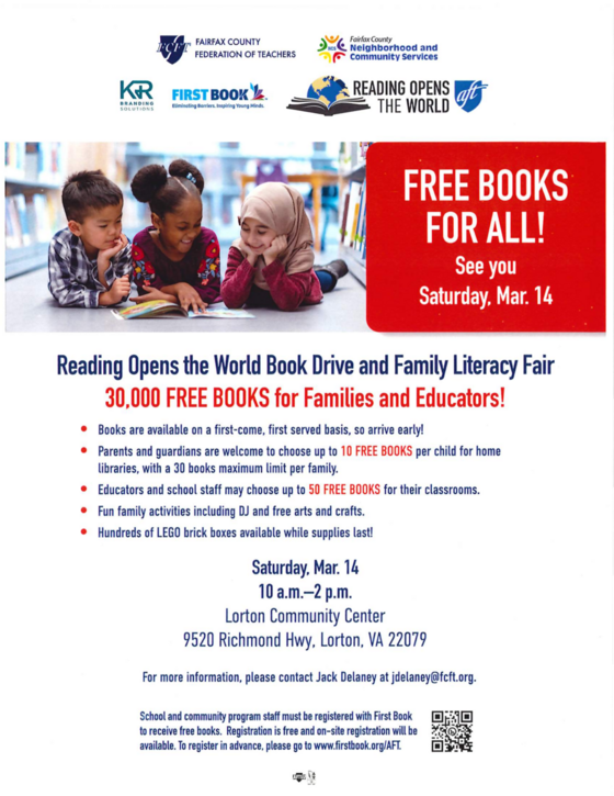 Reading Opens the World Book Drive & Literacy Fair at Lorton Community Center, Mar 14, 10am-2pm. 30,000 free books and LEGOs for families.
