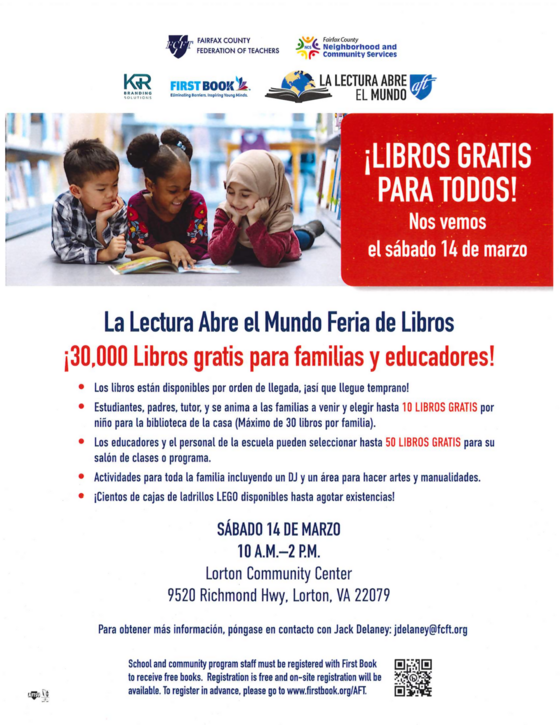 Feria de Libros en Lorton Community Center, 14 de marzo, 10am-2pm. 30,000 libros gratis y actividades para familias.