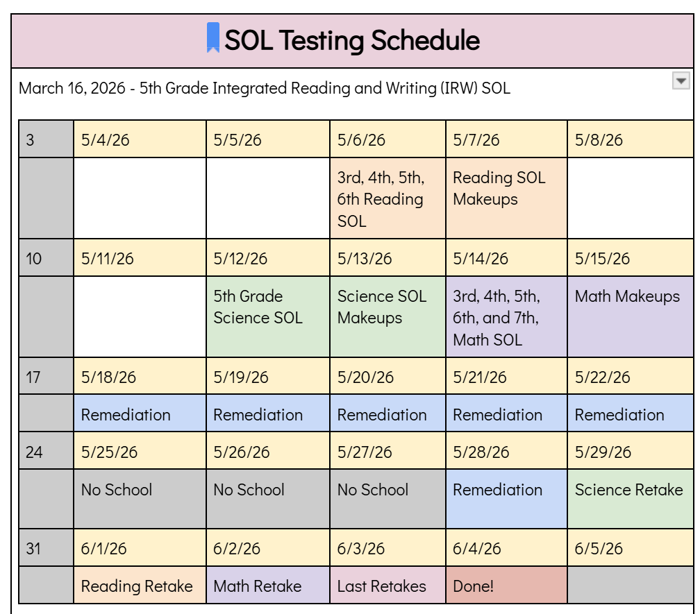 SOL Testing Schedule