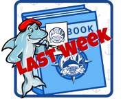 Navy Elementary School mascot dolphin in a red beret painting "Last Week" over a blue yearbook illustration.