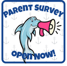 Dolphin mascot holding a pink megaphone with text reading "Parent Survey Open Now!"