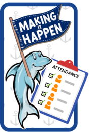 Dolphin mascot holding a pink megaphone with text reading "Parent Survey Open Now!"
