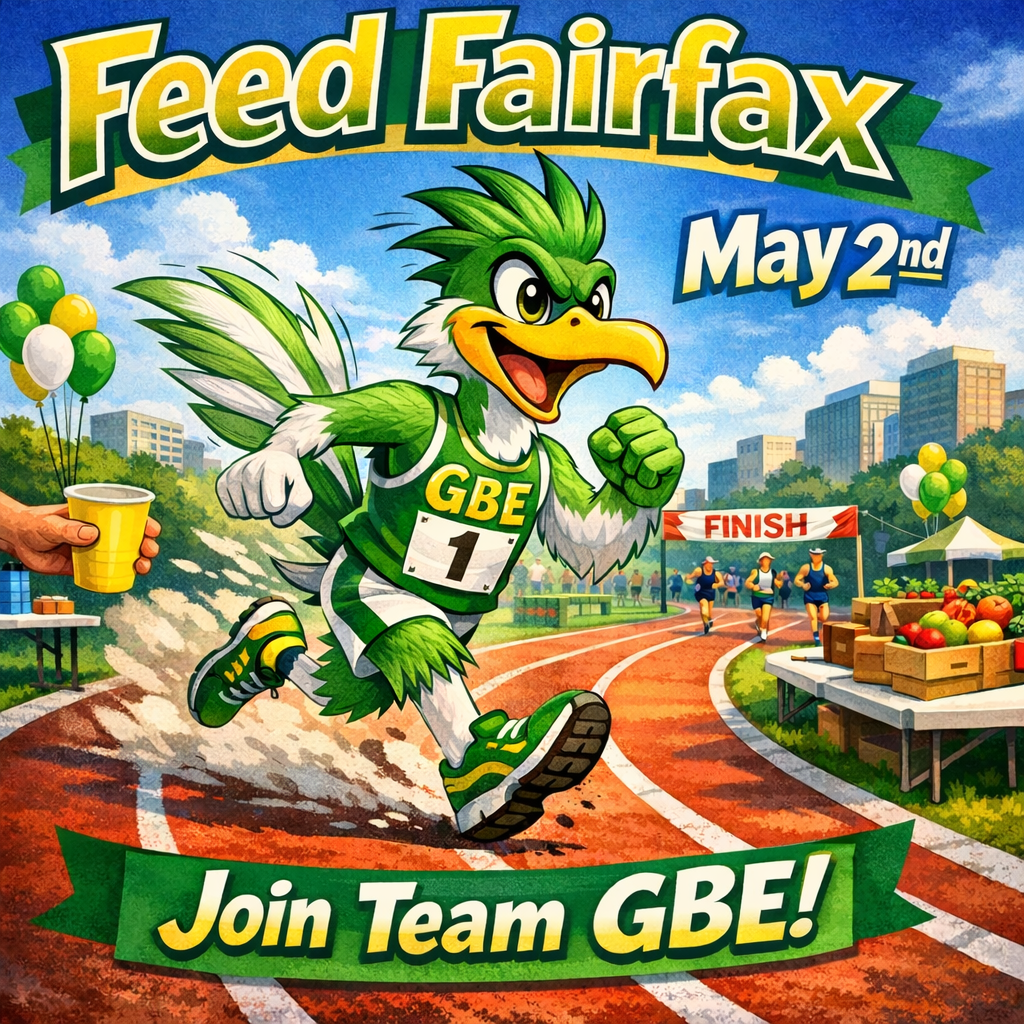 Feed Fairfax on May 2nd: Join Team GBE! An illustration of the Greenbriar East roadrunner mascot racing on a track.