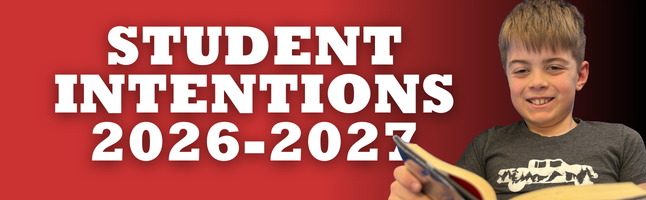 Red and black gradient with boy reading and 'Student Intentions 2026-2027' in white writing 